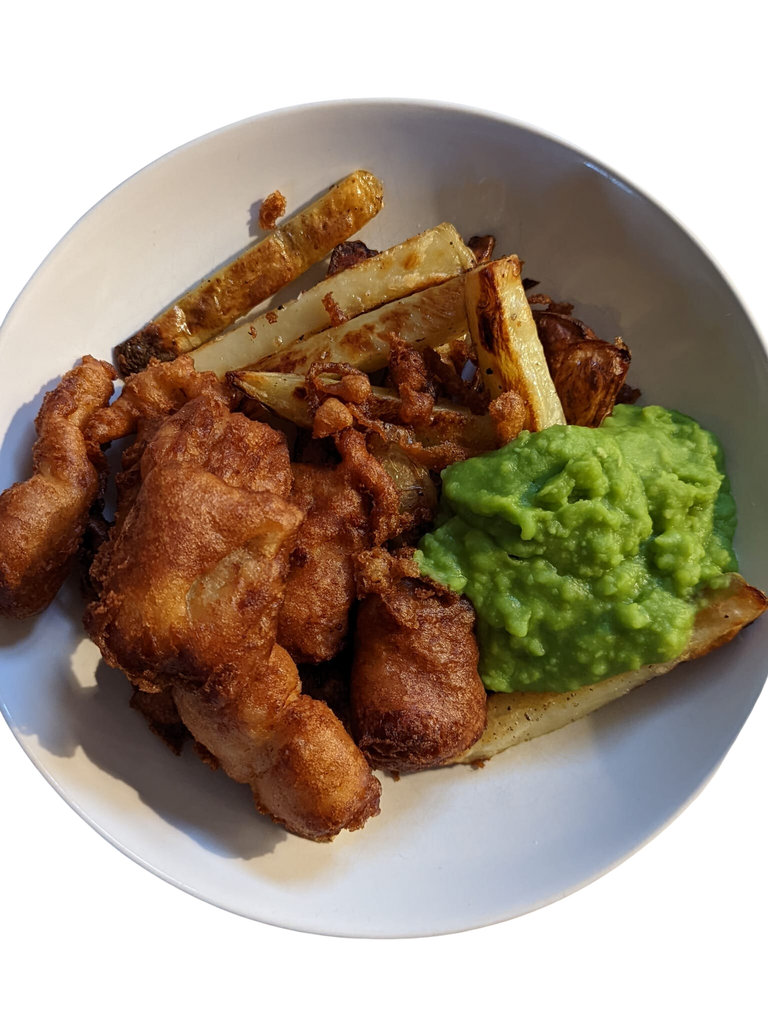 CIder Battered Pollock, Chips and Mushy Peas